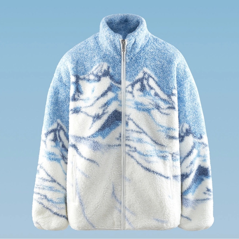 Oysho Blue and White Mountain Print Fleece Jacket